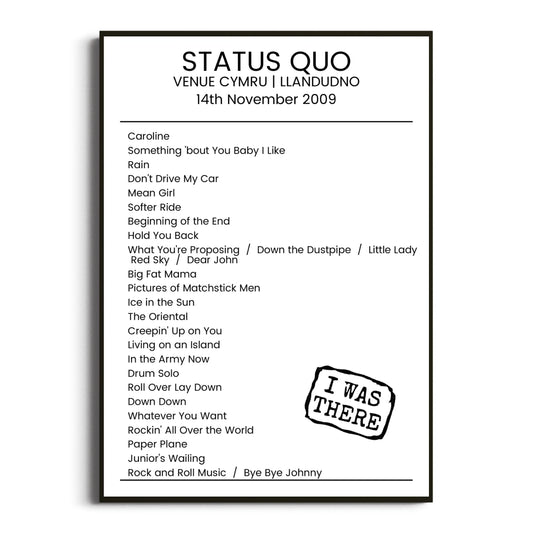 Status Quo Llandudno 14 November 2009 Setlist Poster