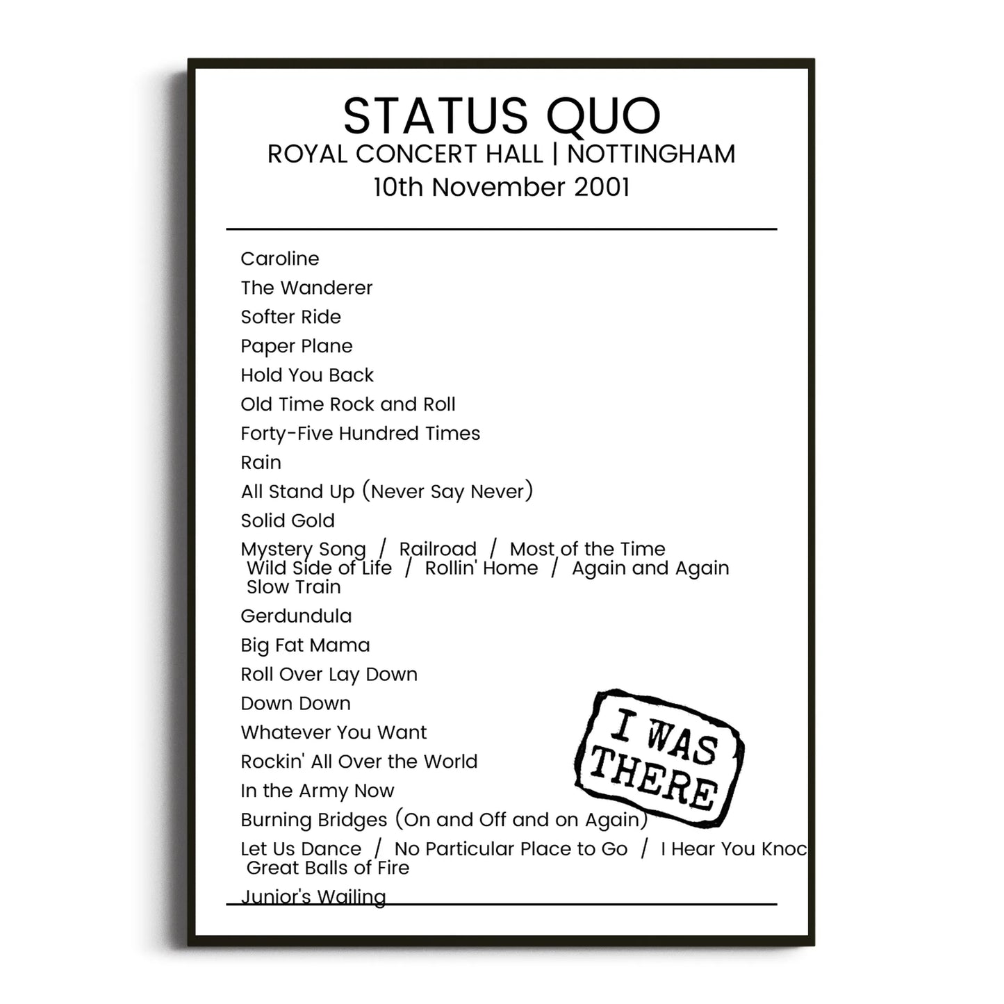 Status Quo Nottingham 10 November 2001 Setlist Poster