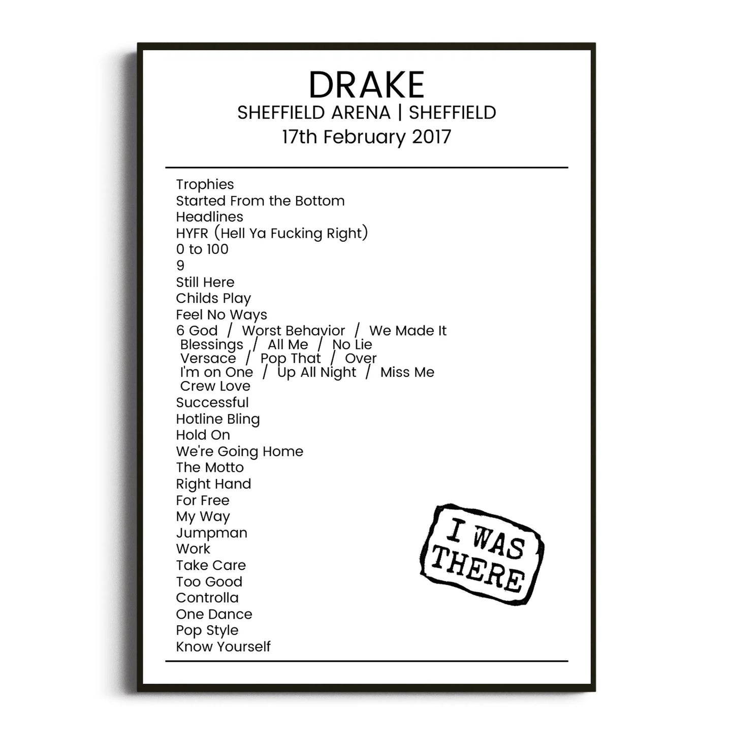 Drake Sheffield 17 February 2017 Setlist Poster