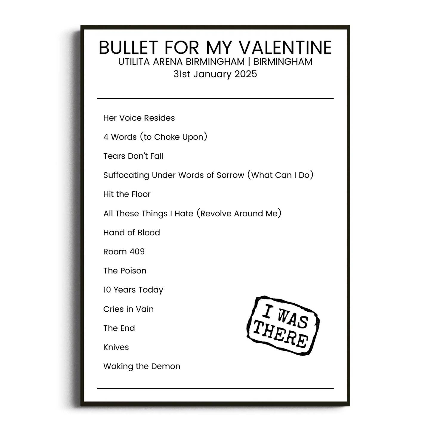 Bullet for My Valentine Birmingham 31 January 2025 Setlist Poster