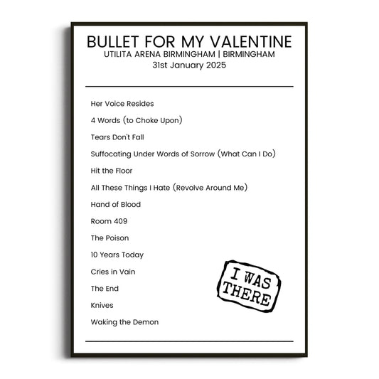 Bullet for My Valentine Birmingham 31 January 2025 Setlist Poster