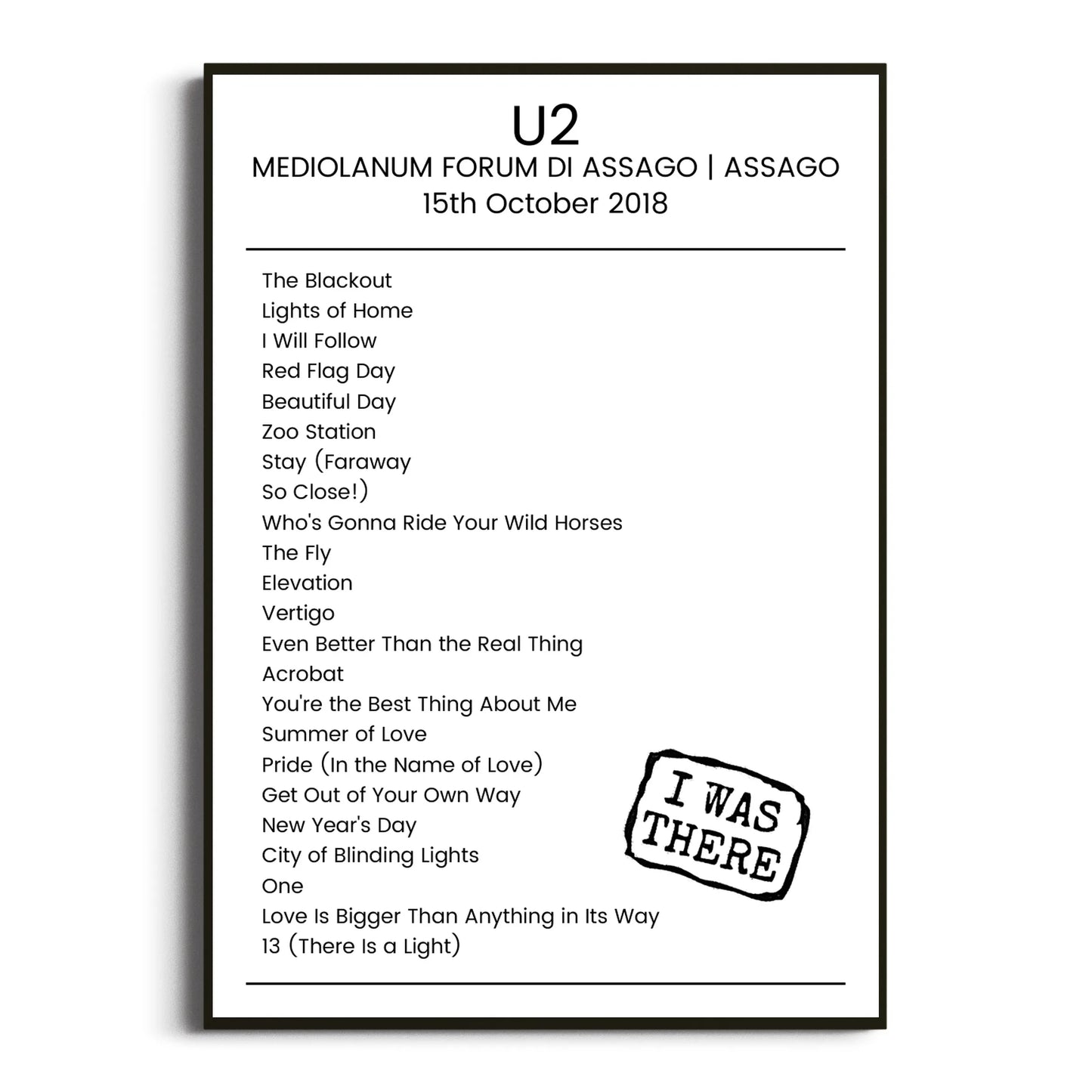 U2 Assago 15 October 2018 Setlist Poster