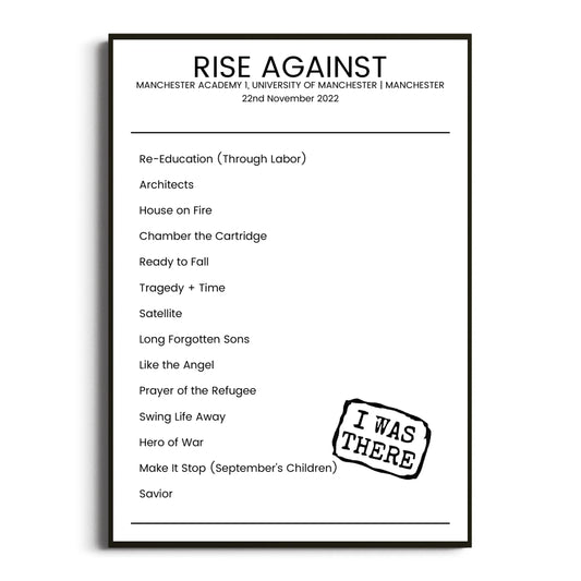 Rise Against Manchester 22 November 2022 Setlist Poster