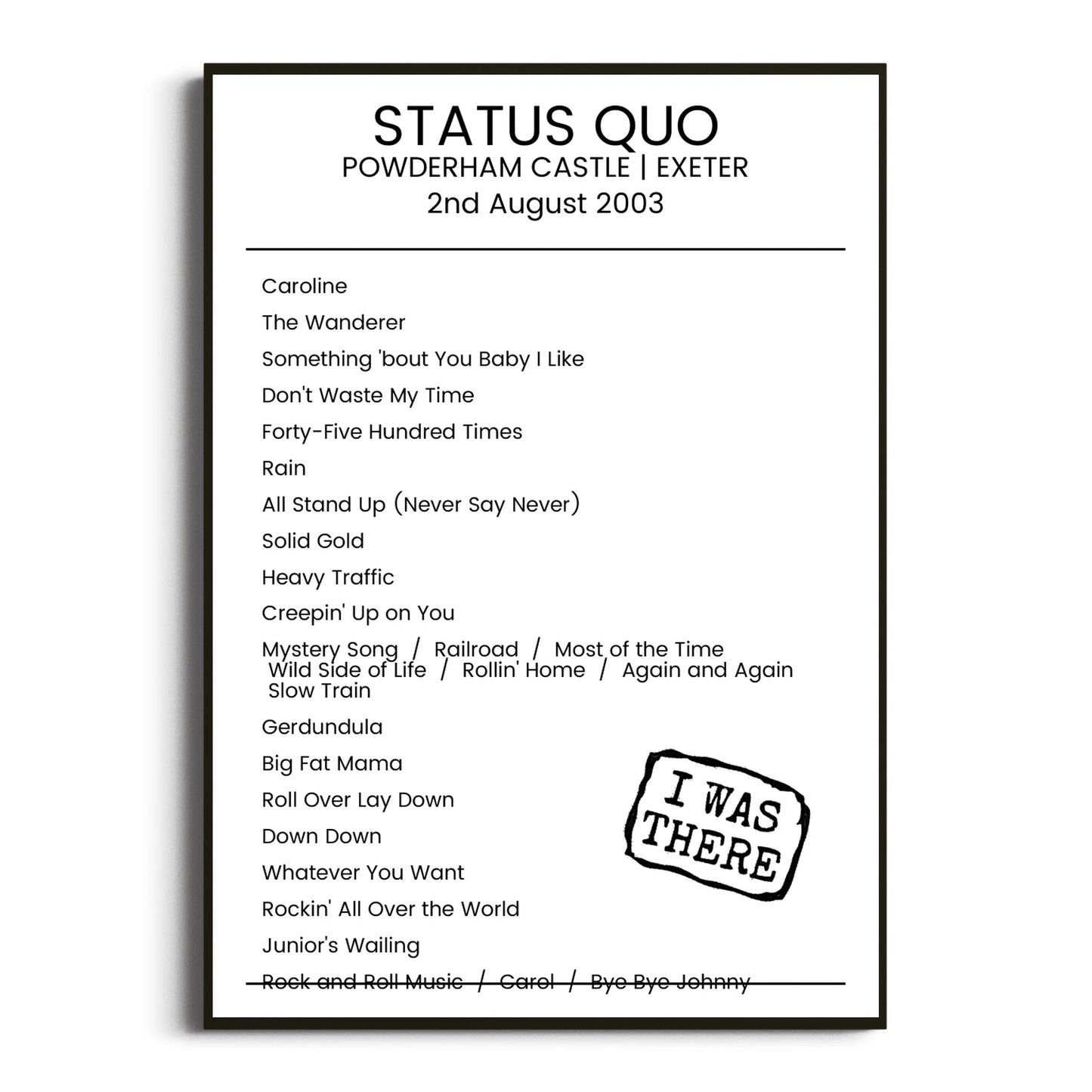 Status Quo Exeter 02 August 2003 Setlist Poster