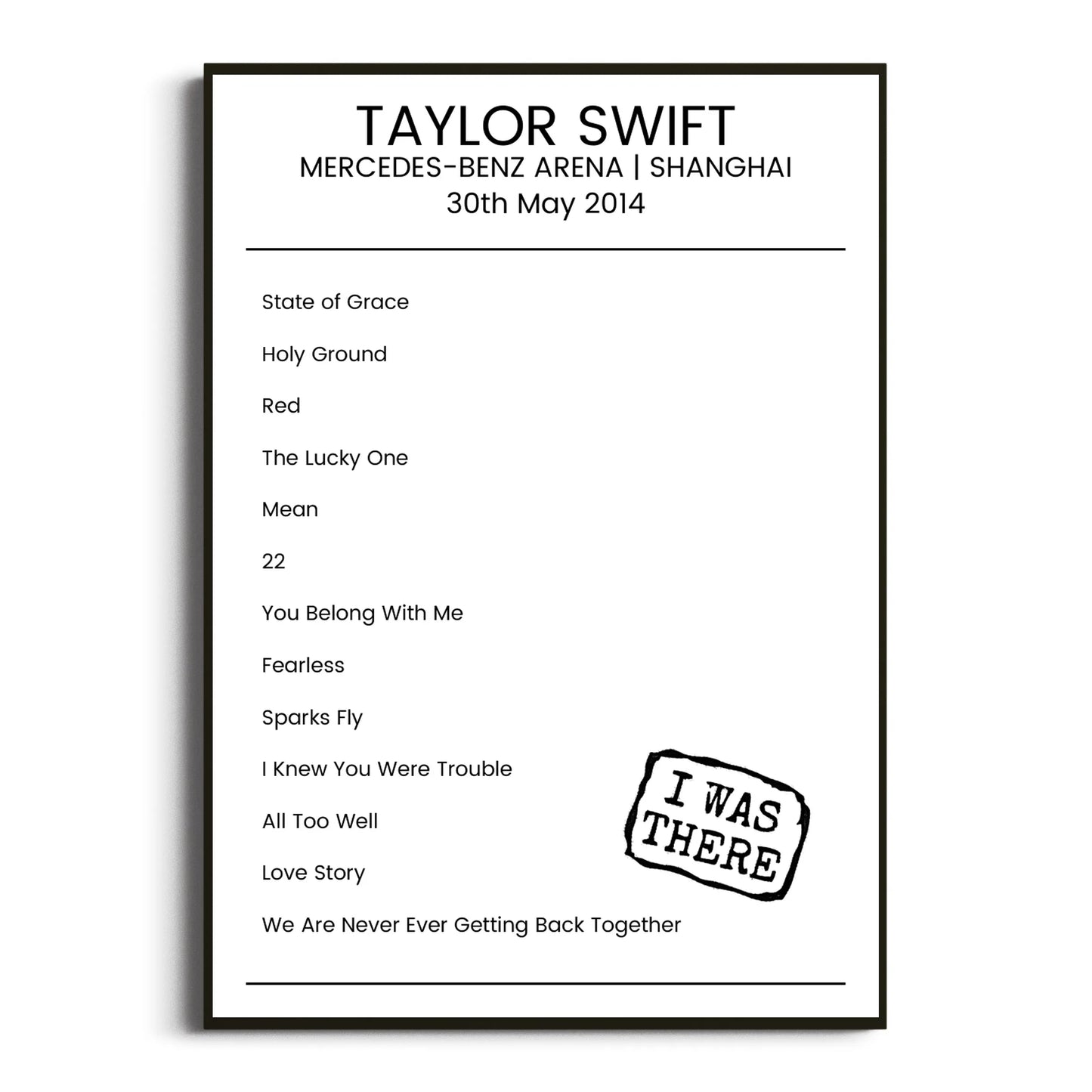 Taylor Swift Shanghai 30 May 2014 Setlist Poster