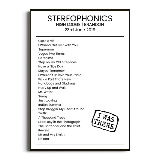 Stereophonics Brandon 23 June 2019 Setlist Poster