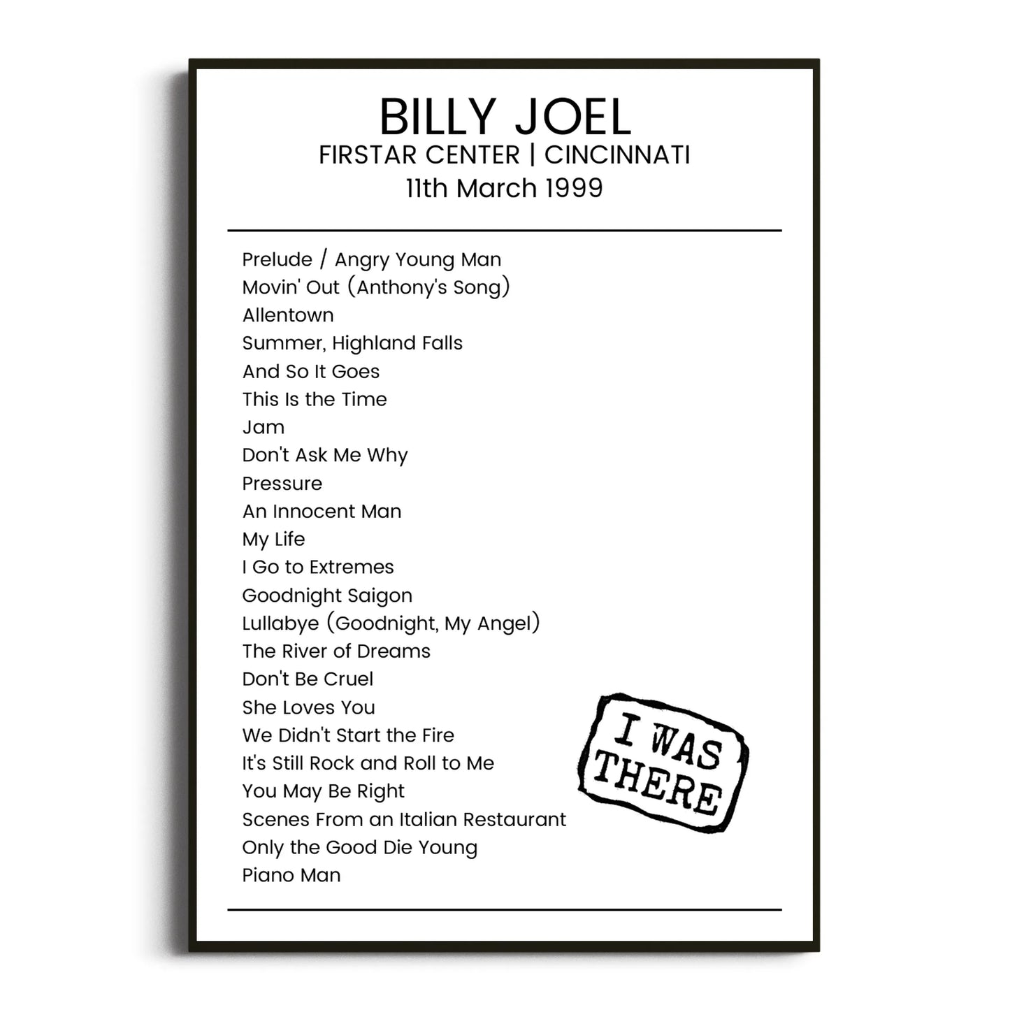 Billy Joel Cincinnati 11 March 1999 Setlist Poster