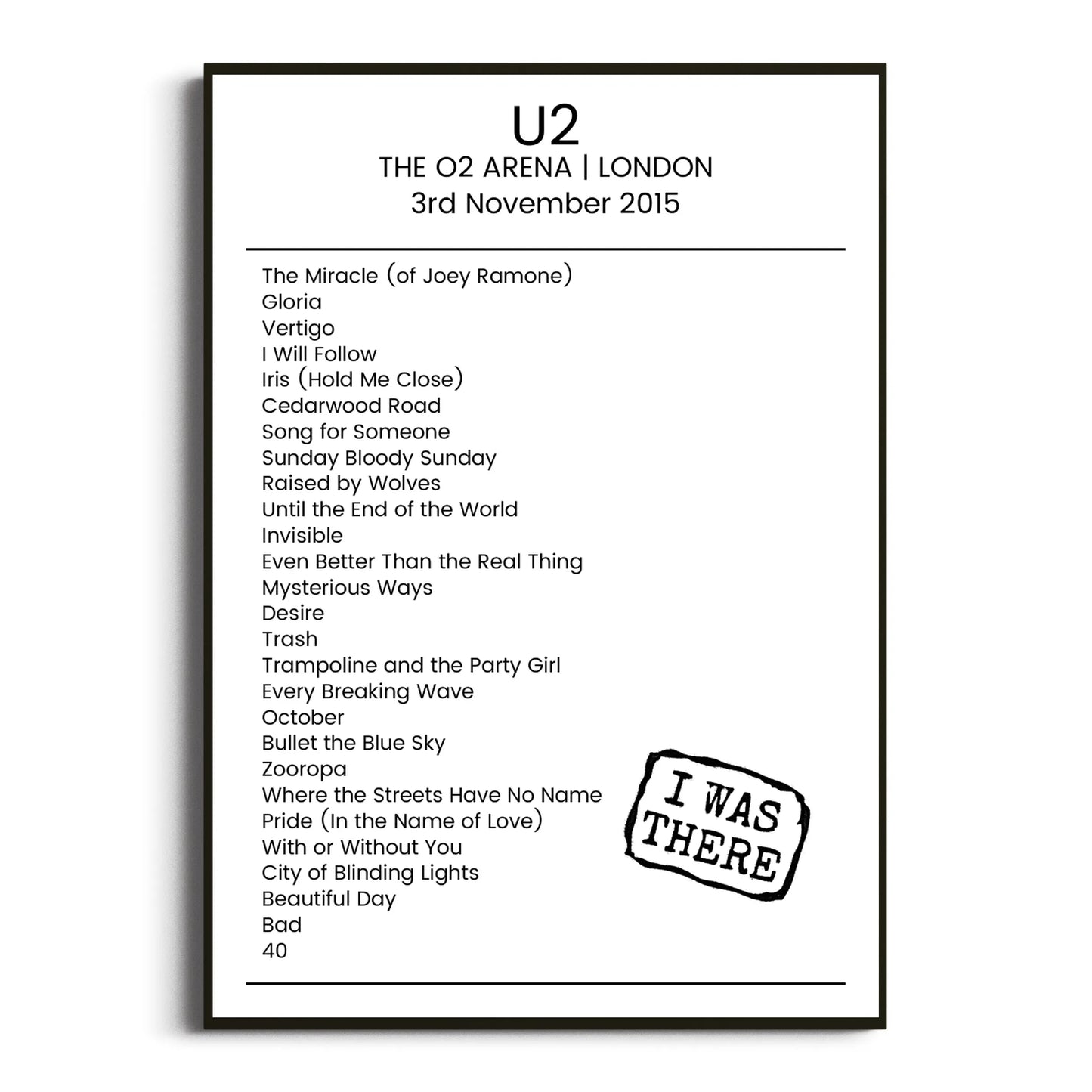 U2 London 03 November 2015 Setlist Poster