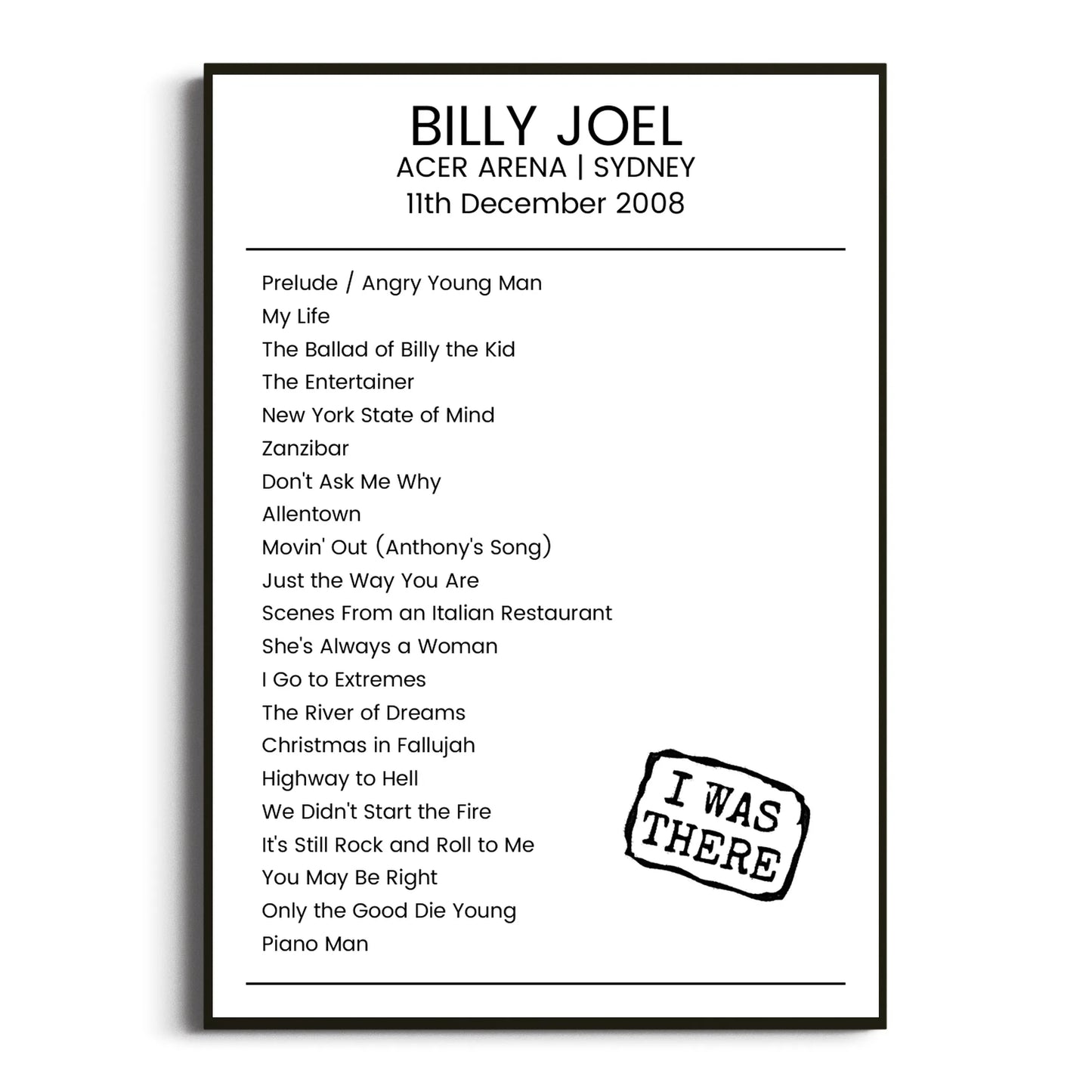 Billy Joel Sydney 11 December 2008 Setlist Poster