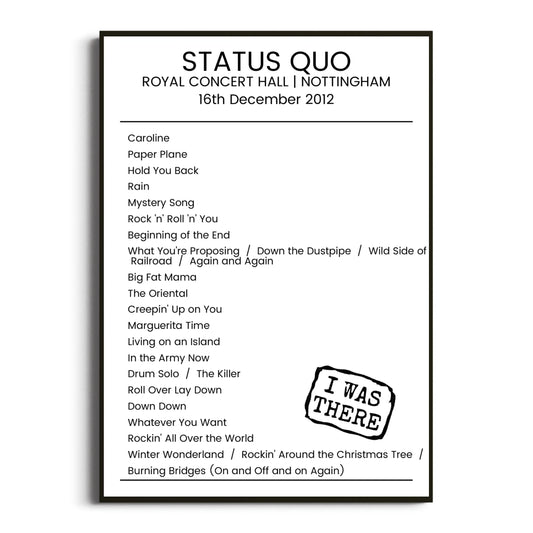 Status Quo Nottingham 16 December 2012 Setlist Poster