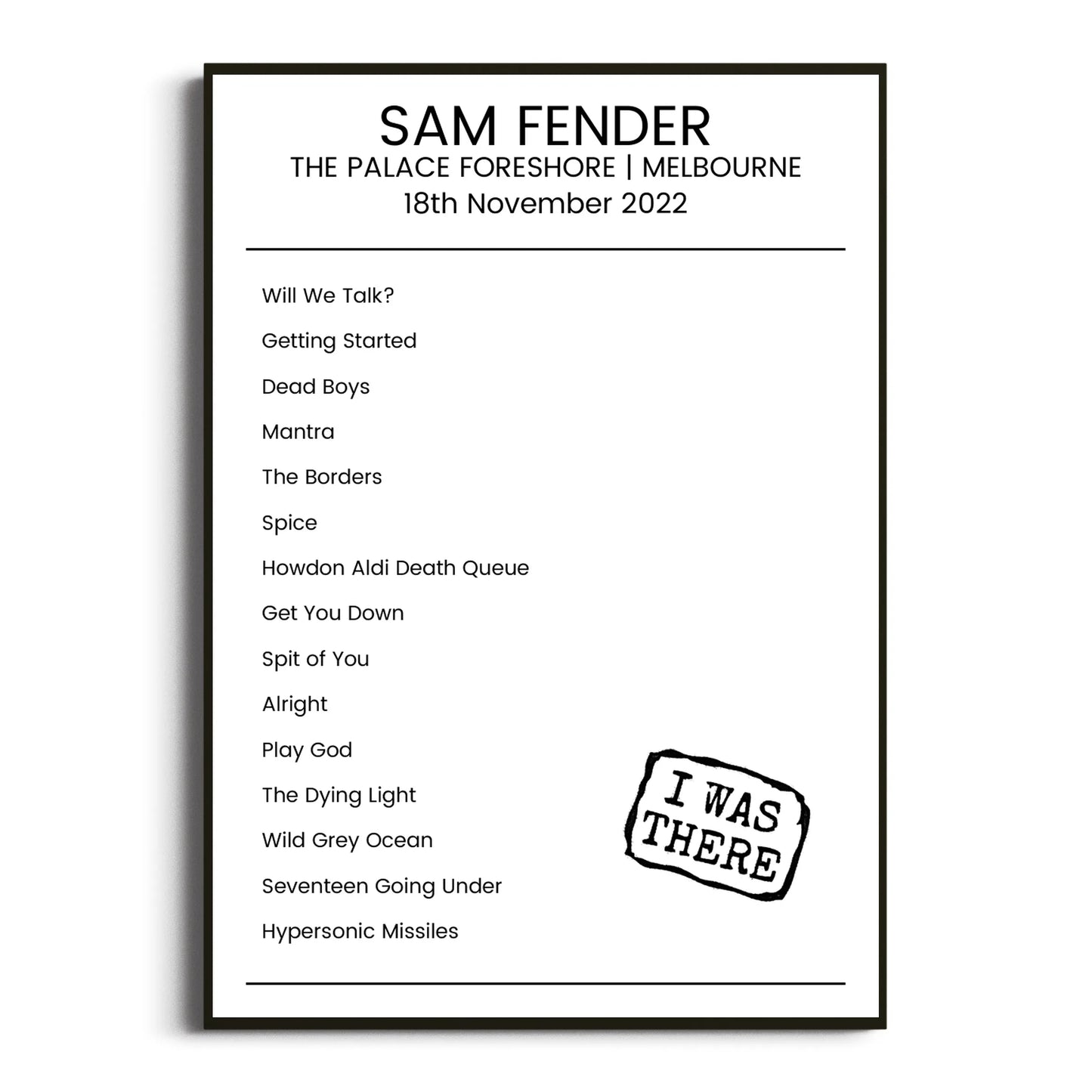 Sam Fender Melbourne 18 November 2022 Setlist Poster