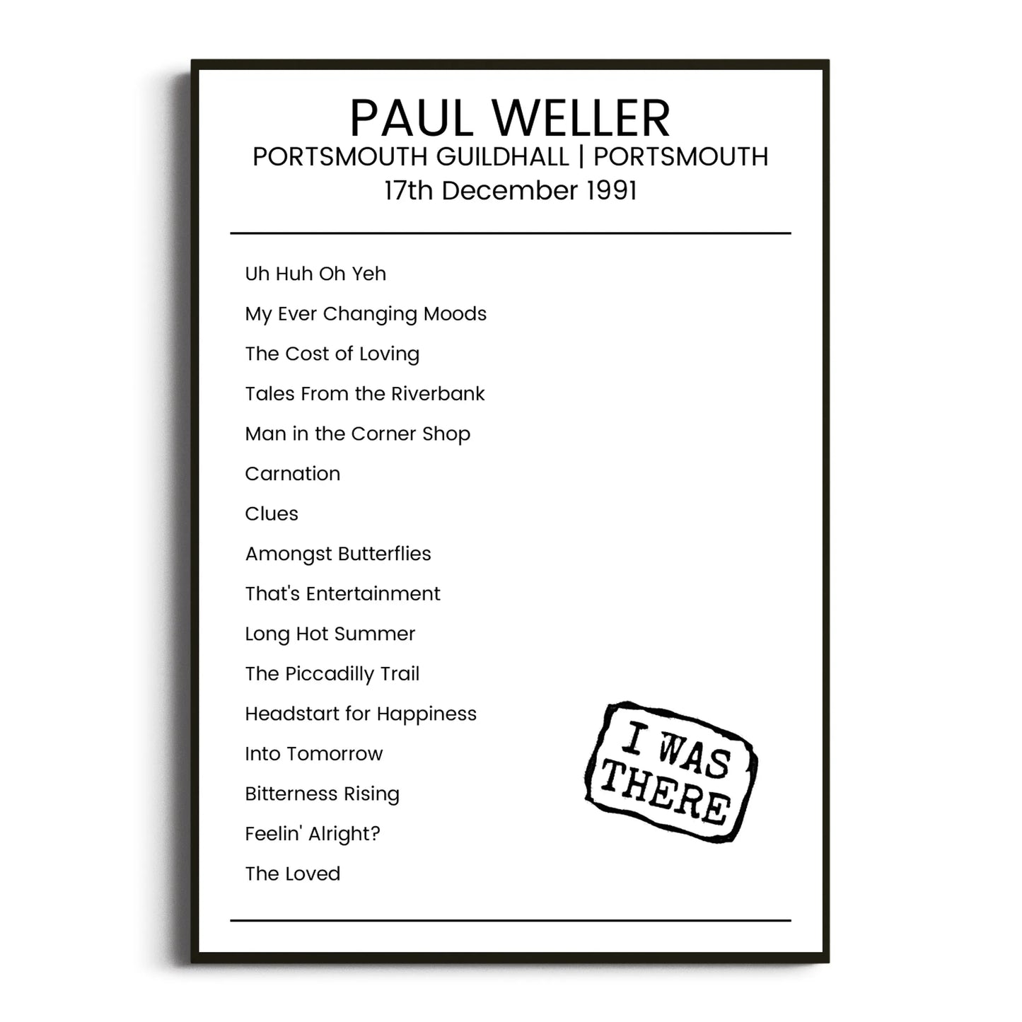 Paul Weller Portsmouth 17 December 1991 Setlist Poster