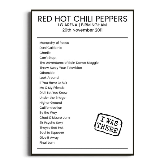 Red Hot Chili Peppers Birmingham 20 November 2011 Setlist Poster