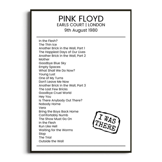 Pink Floyd London 09 August 1980 Setlist Poster