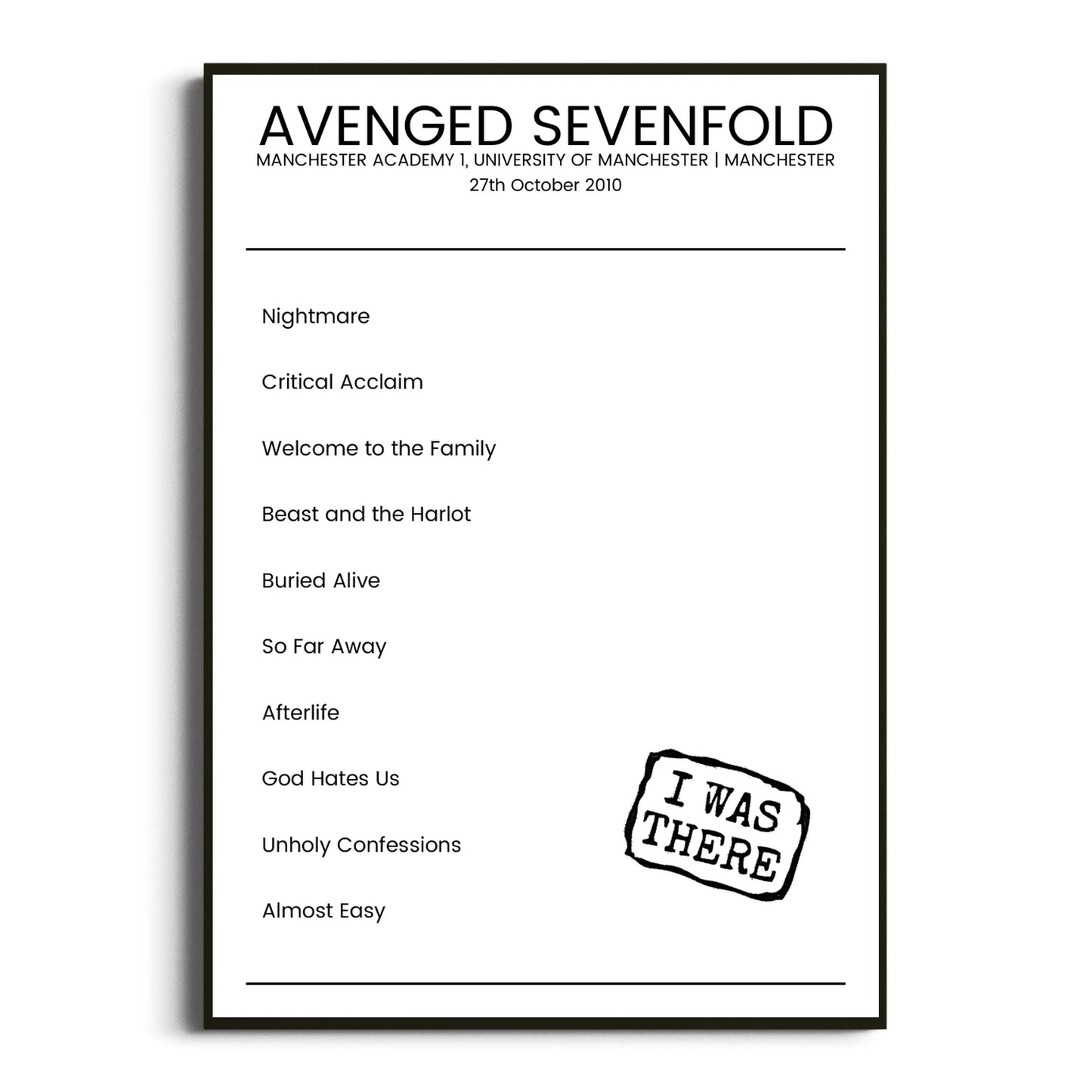 Avenged Sevenfold Manchester 27 October 2010 Setlist Poster