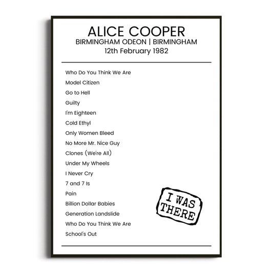 Alice Cooper Birmingham 12 February 1982 Setlist Poster