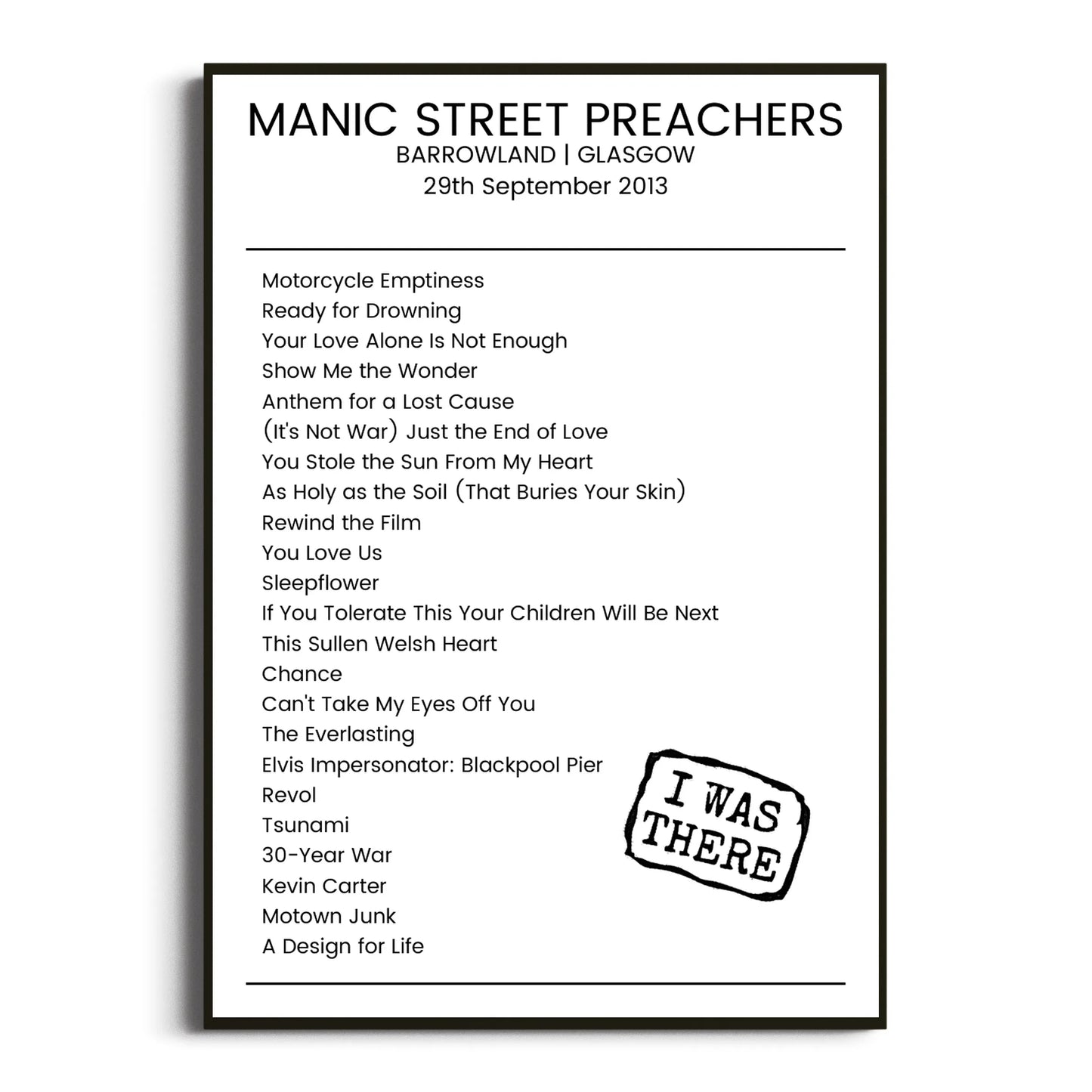 Manic Street Preachers Glasgow 29 September 2013 Setlist Poster