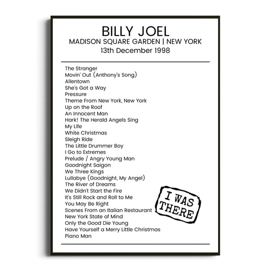 Billy Joel New York 13 December 1998 Setlist Poster