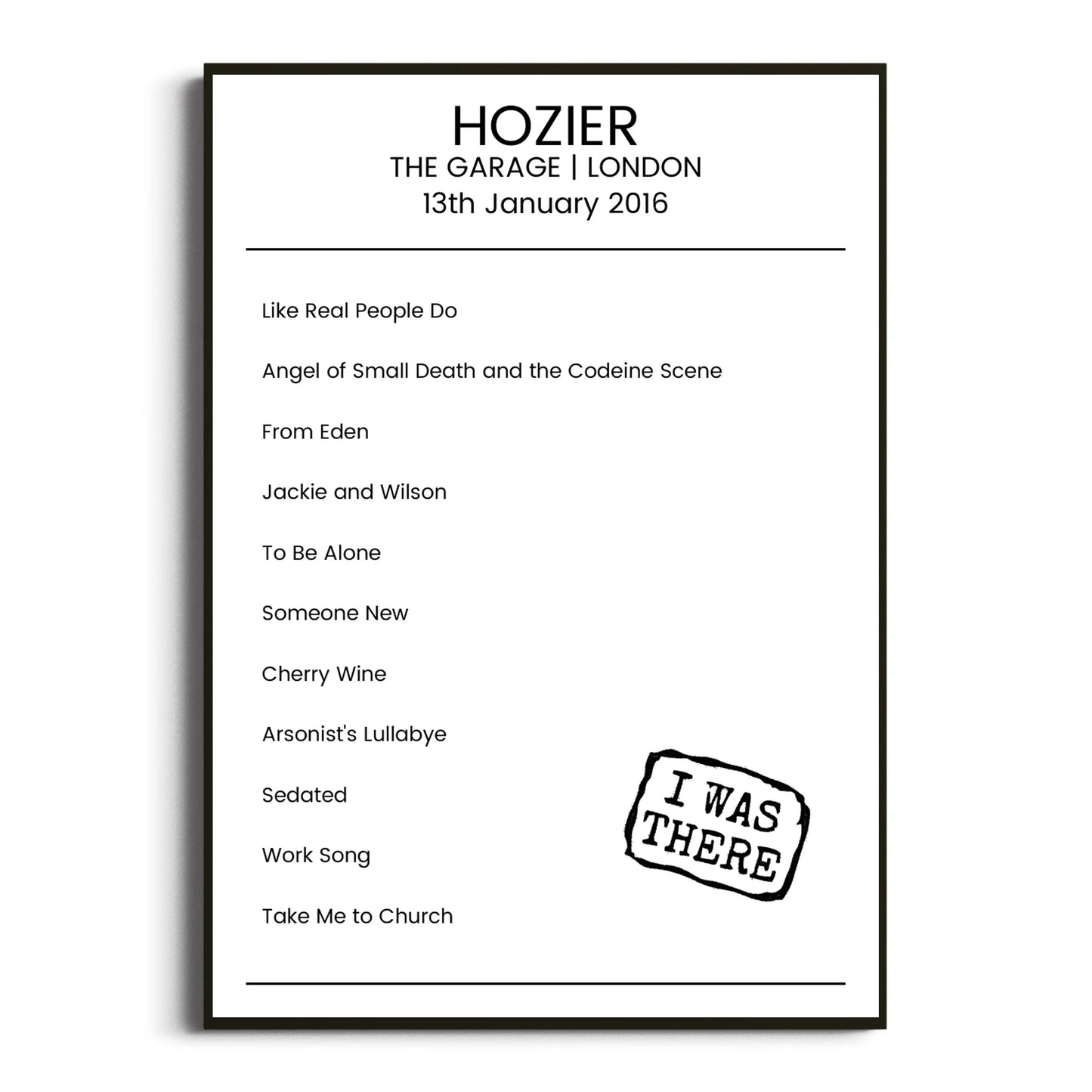 Hozier London 13 January 2016 Setlist Poster