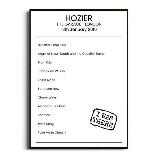 Hozier London 13 January 2016 Setlist Poster