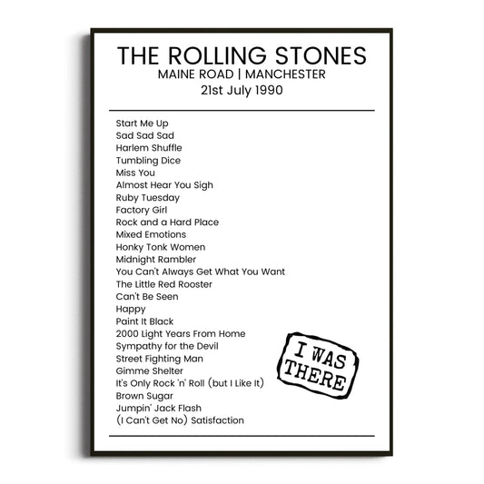 The Rolling Stones Manchester 21 July 1990 Setlist Poster