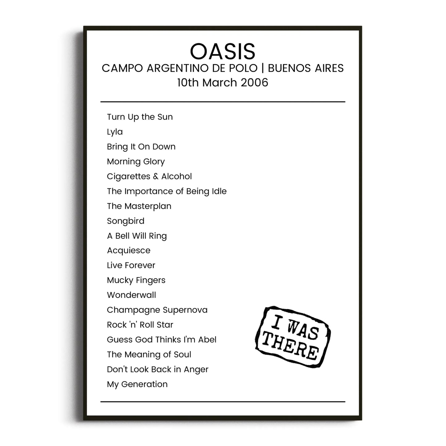 Oasis Buenos Aires 10 March 2006 Setlist Poster