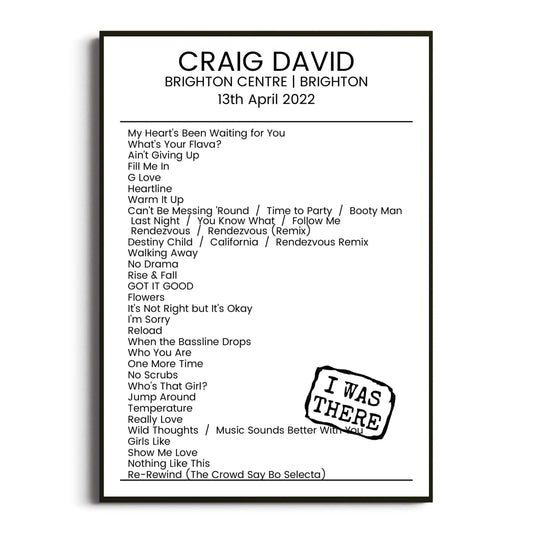 Craig David Brighton 13 April 2022 Setlist Poster