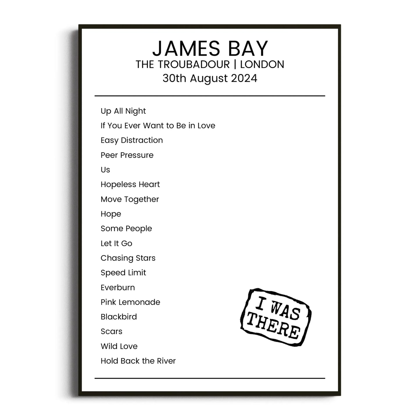 James Bay London 30 August 2024 Setlist Poster