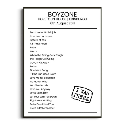 Boyzone Edinburgh 06 August 2011 Setlist Poster