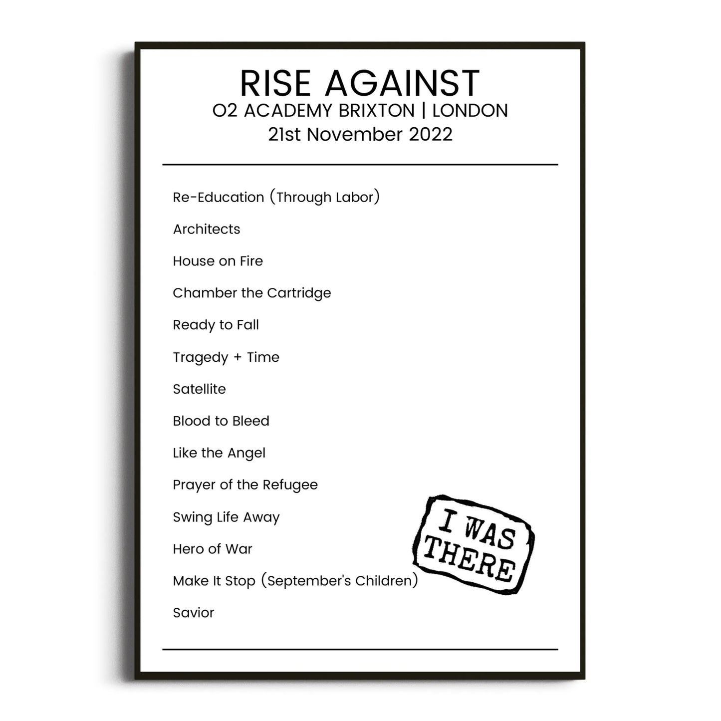 Rise Against London 21 November 2022 Setlist Poster