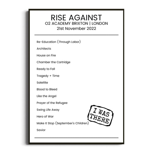 Rise Against London 21 November 2022 Setlist Poster