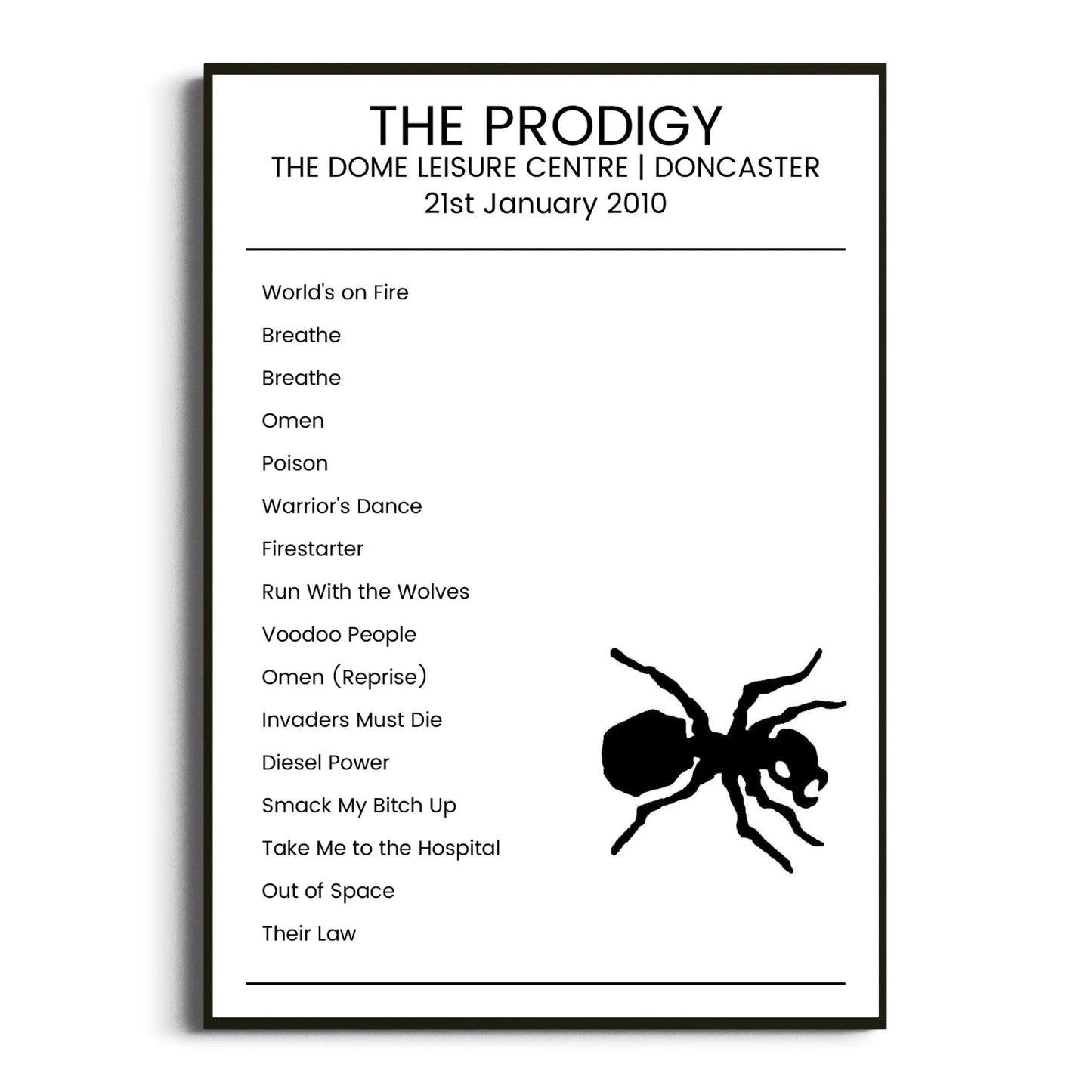 The Prodigy Doncaster 21 January 2010 Setlist Poster