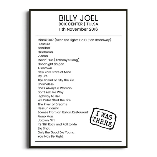 Billy Joel Tulsa 11 November 2016 Setlist Poster