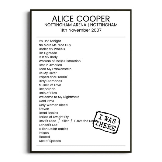 Alice Cooper Nottingham 11 November 2007 Setlist Poster