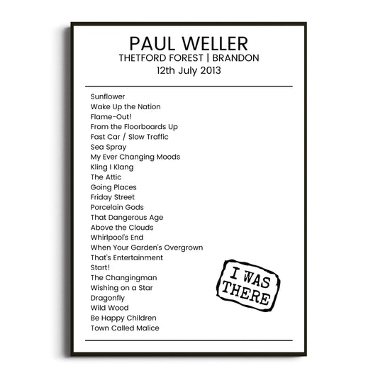 Paul Weller Brandon 12 July 2013 Setlist Poster