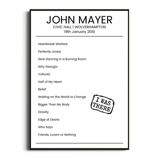 John Mayer Wolverhampton 19 January 2010 Setlist Poster