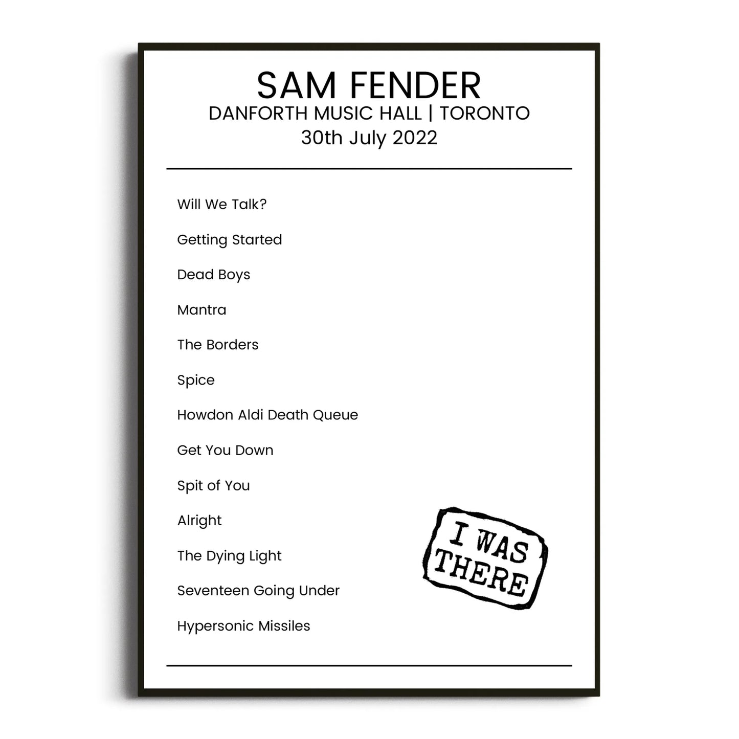 Sam Fender Toronto 30 July 2022 Setlist Poster