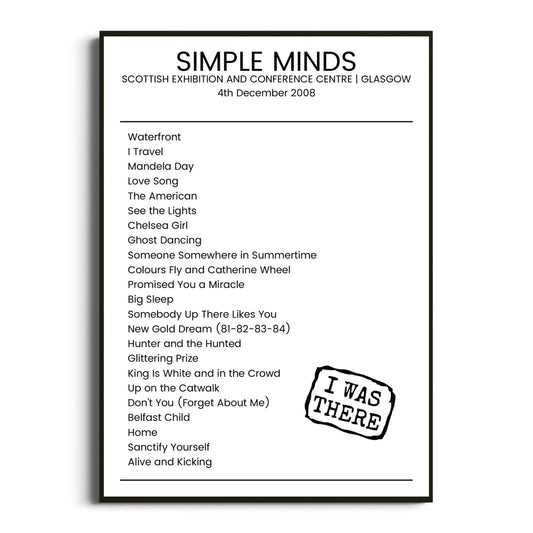 Simple Minds Glasgow 04 December 2008 Setlist Poster