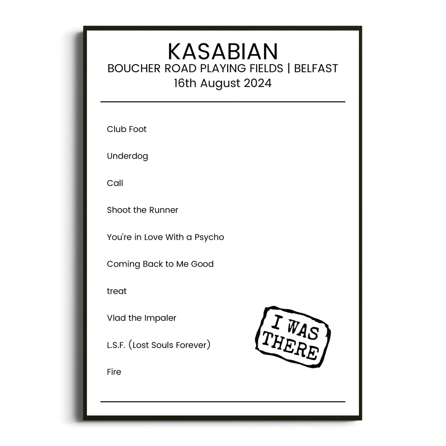 Kasabian Belfast 16 August 2024 Setlist Poster