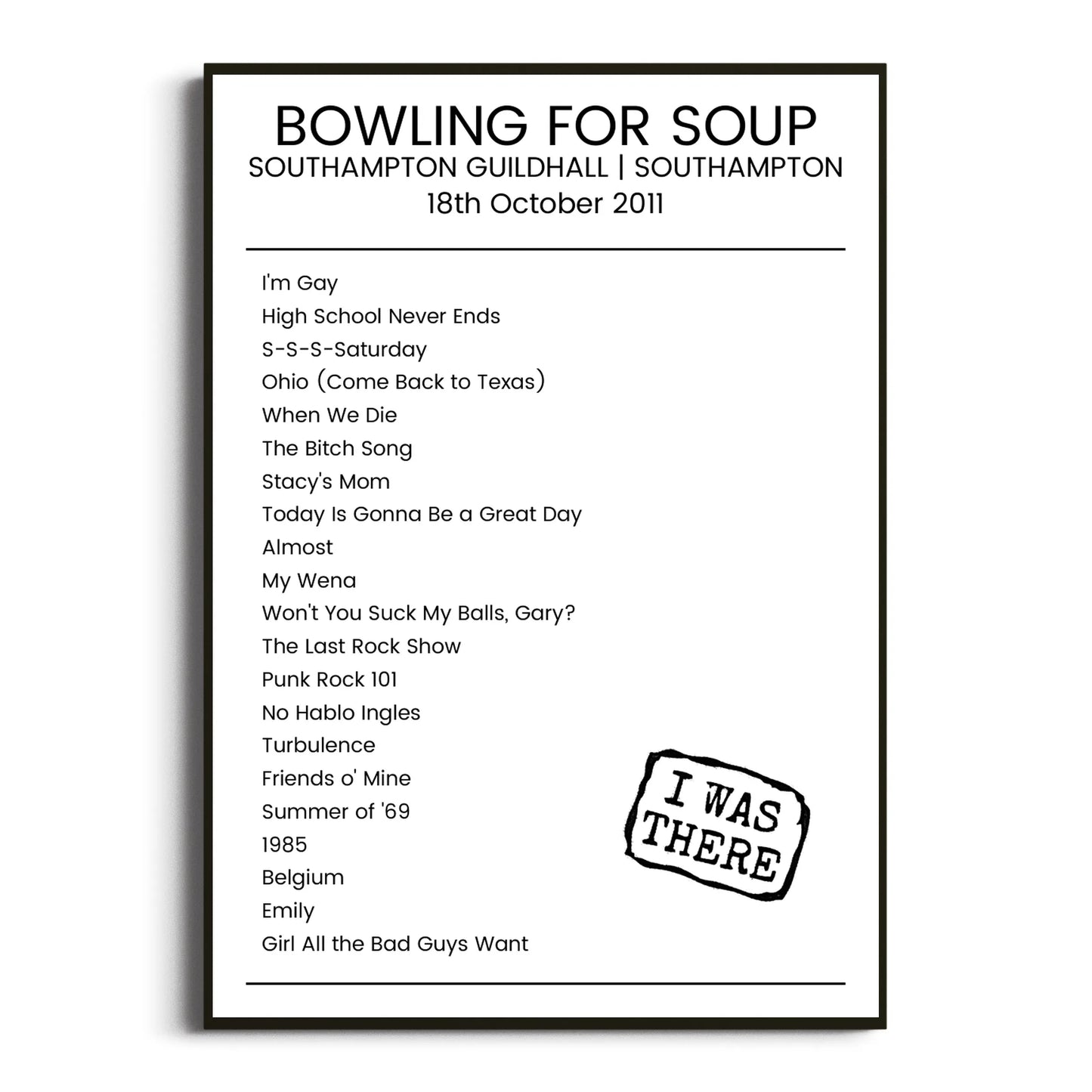 Bowling for Soup Southampton 18 October 2011 Setlist Poster