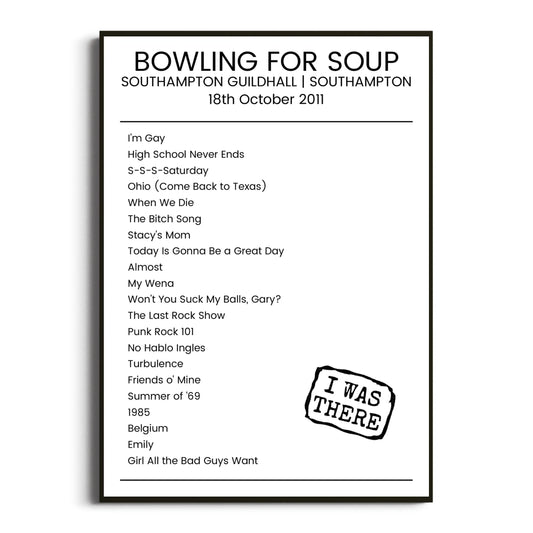 Bowling for Soup Southampton 18 October 2011 Setlist Poster