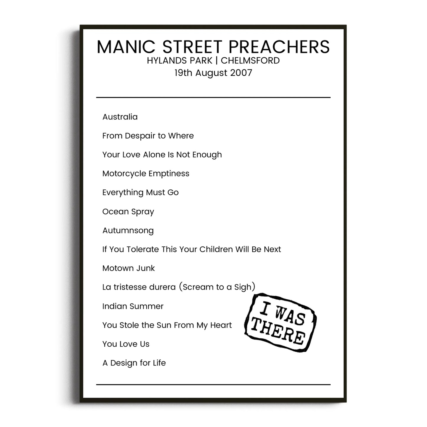 Manic Street Preachers Chelmsford 19 August 2007 Setlist Poster