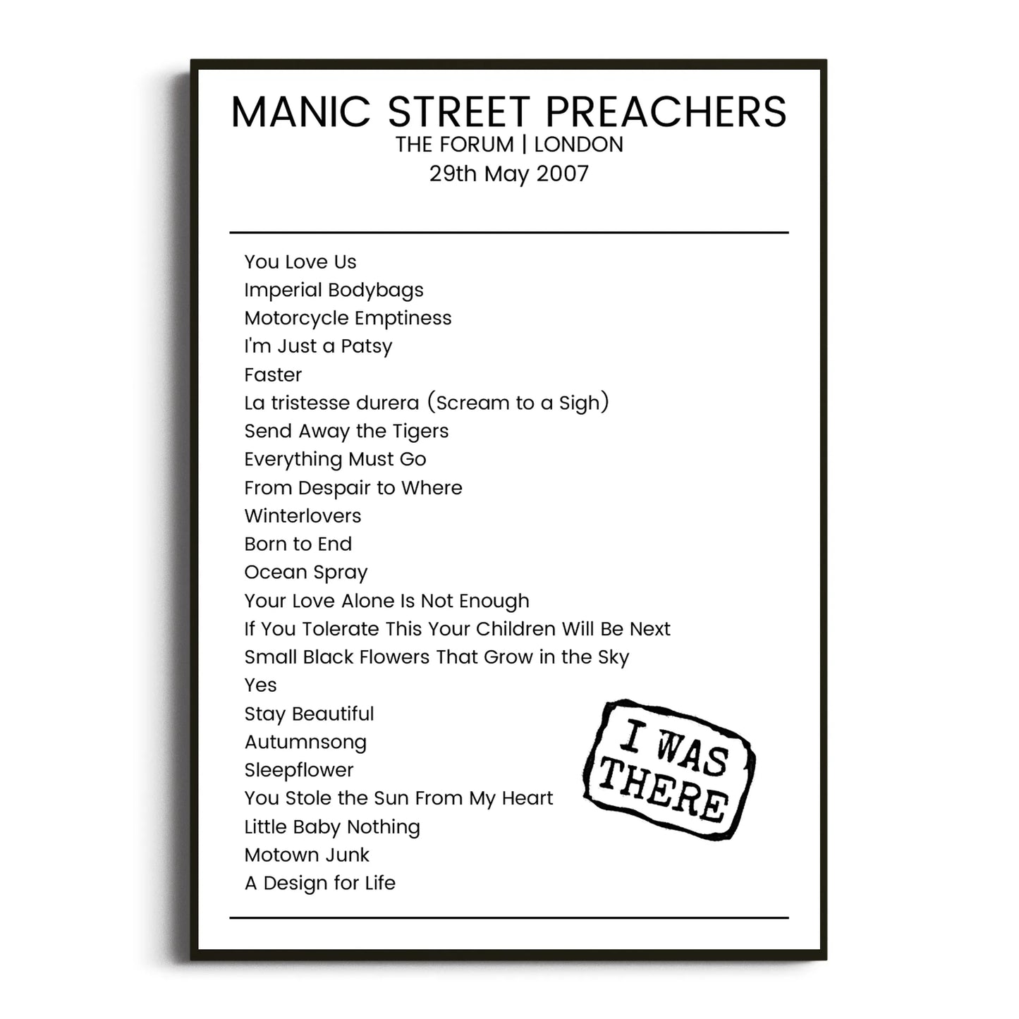 Manic Street Preachers London 29 May 2007 Setlist Poster