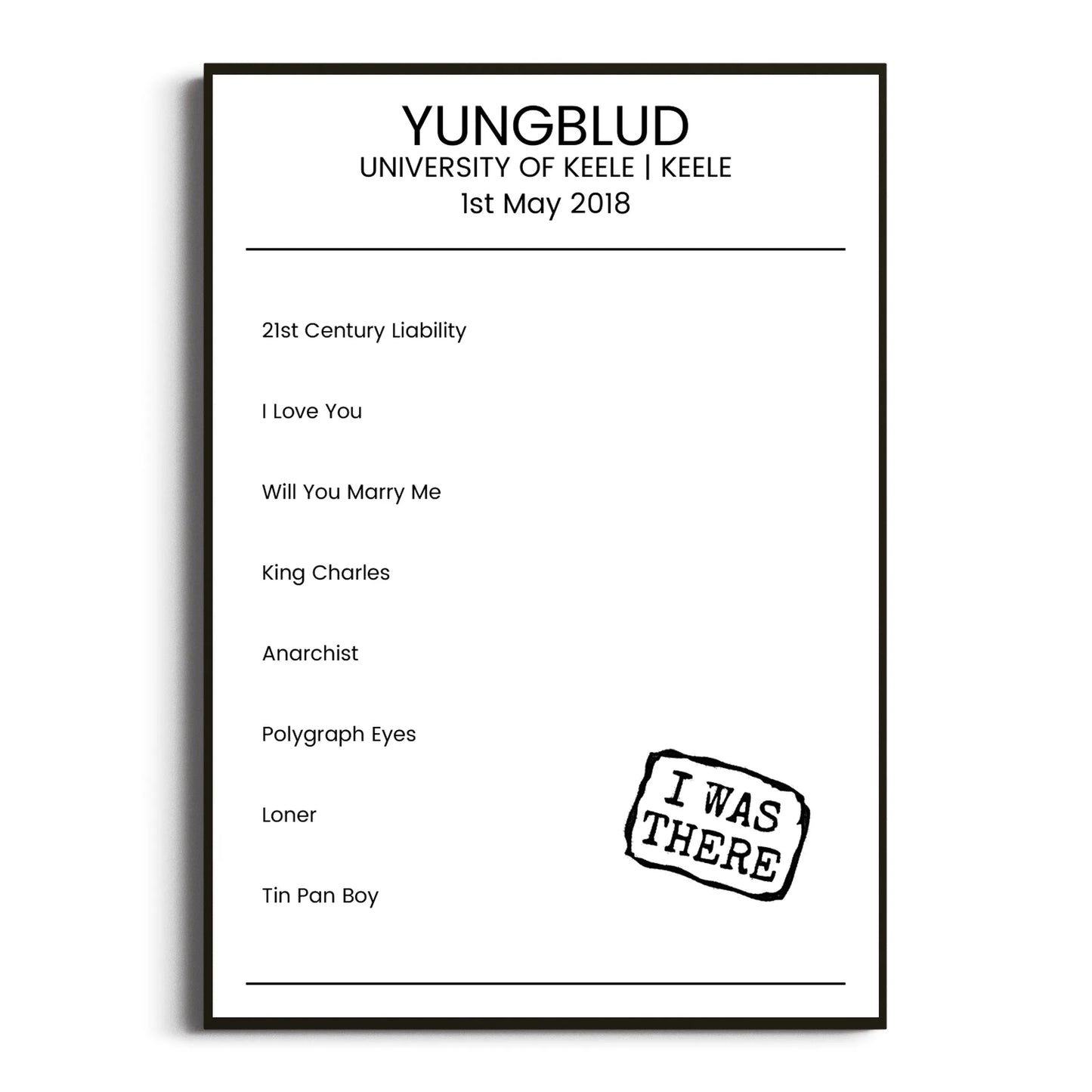 YUNGBLUD Keele 01 May 2018 Setlist Poster