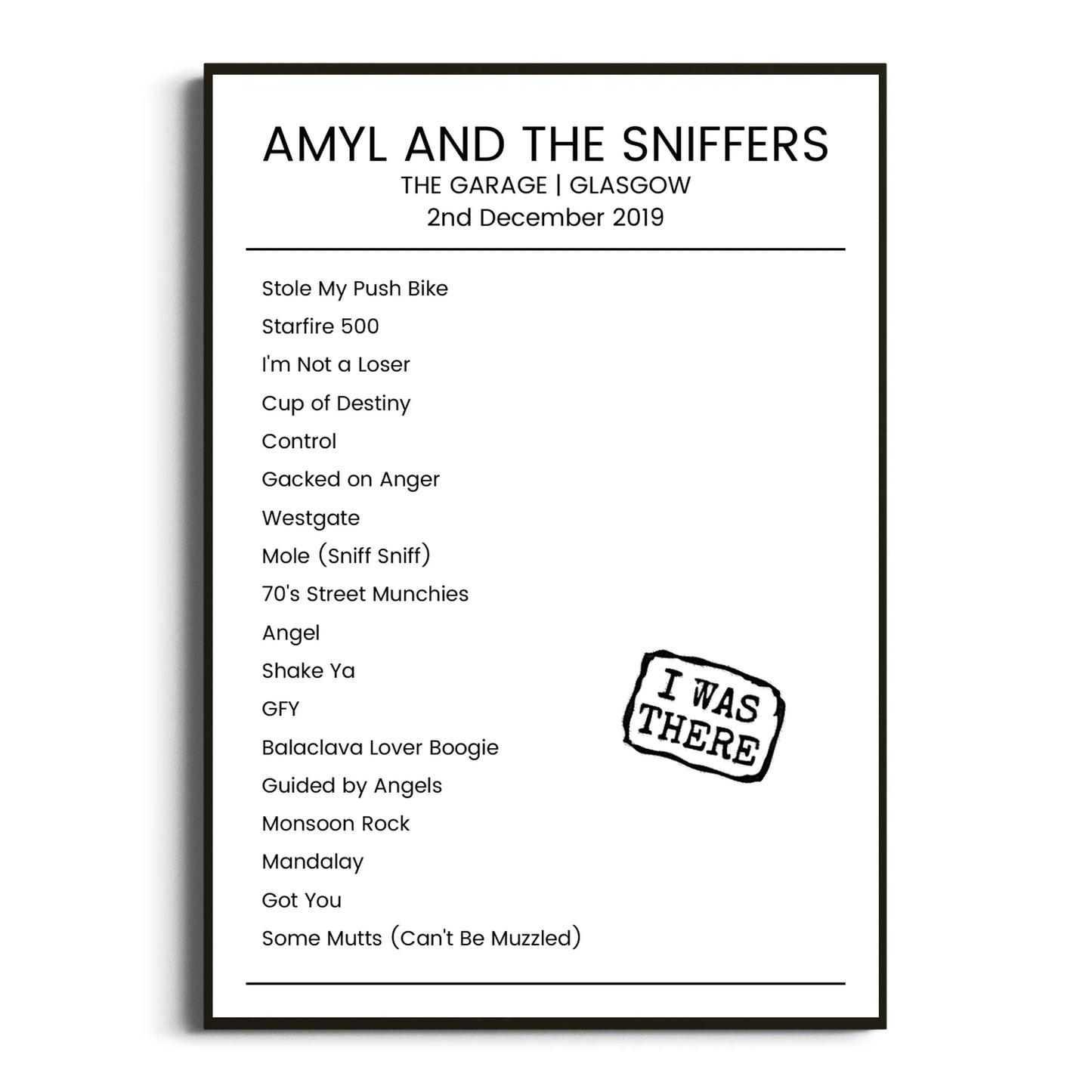 Amyl and the Sniffers Glasgow 02 December 2019 Setlist Poster