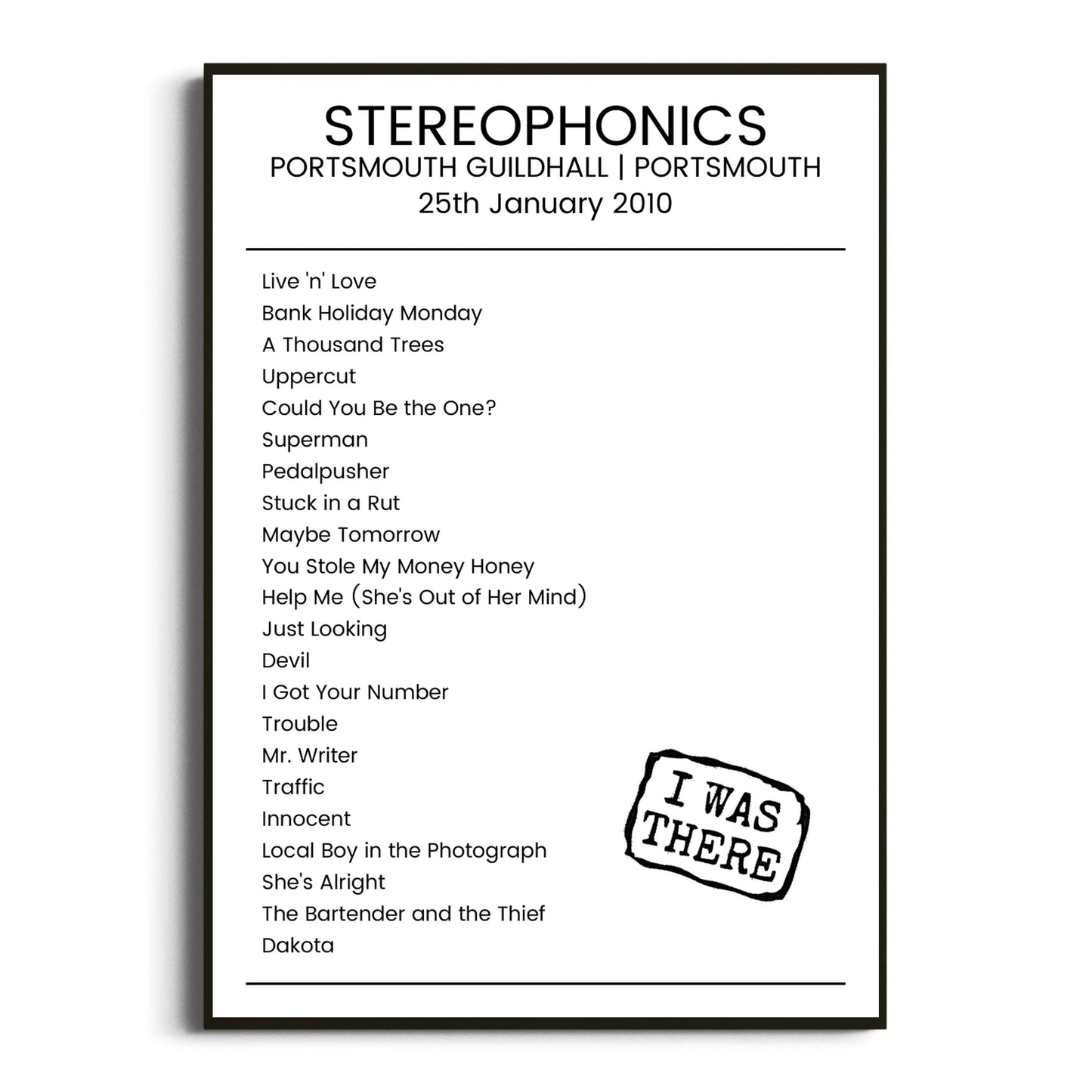 Stereophonics Portsmouth 25 January 2010 Setlist Poster