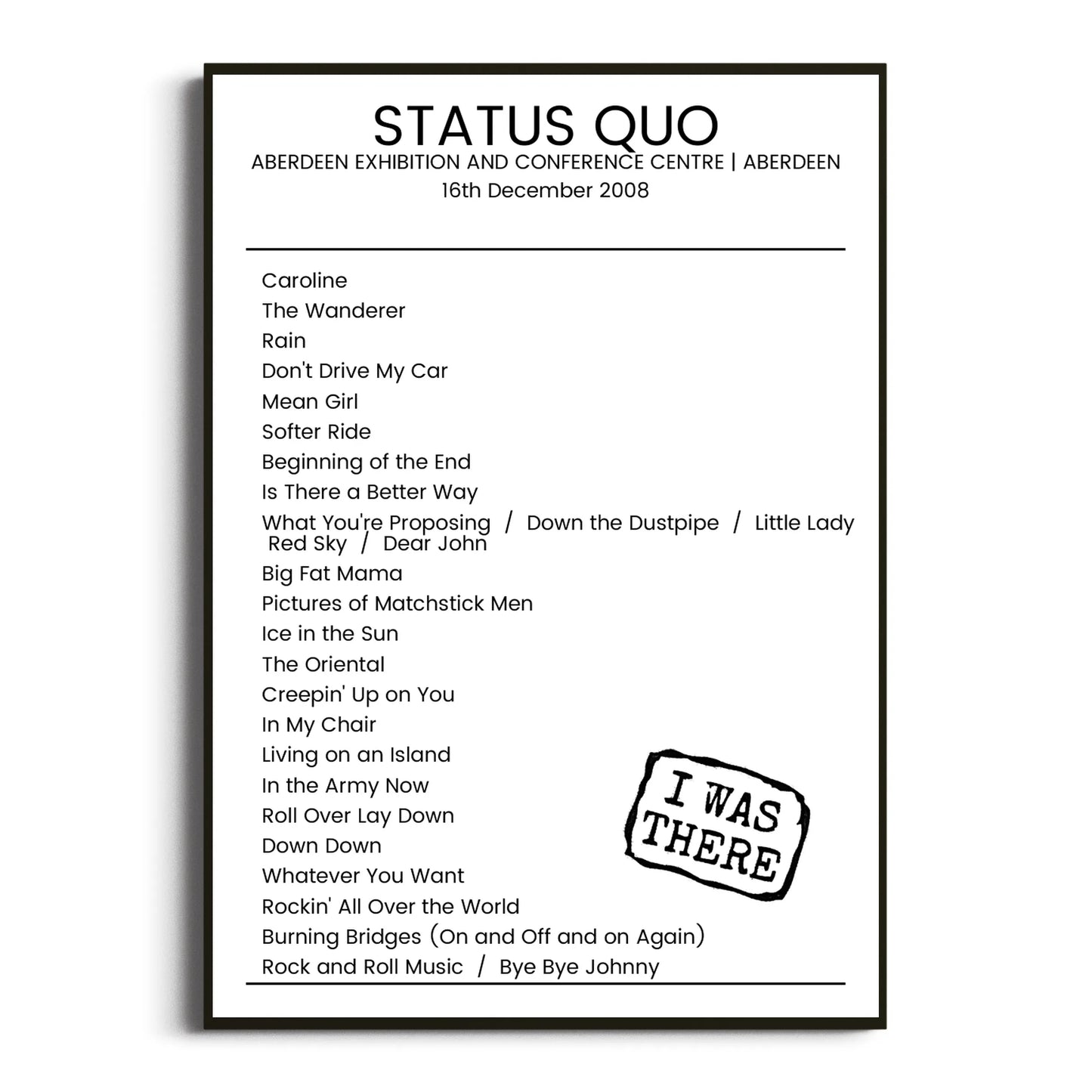 Status Quo Aberdeen 16 December 2008 Setlist Poster