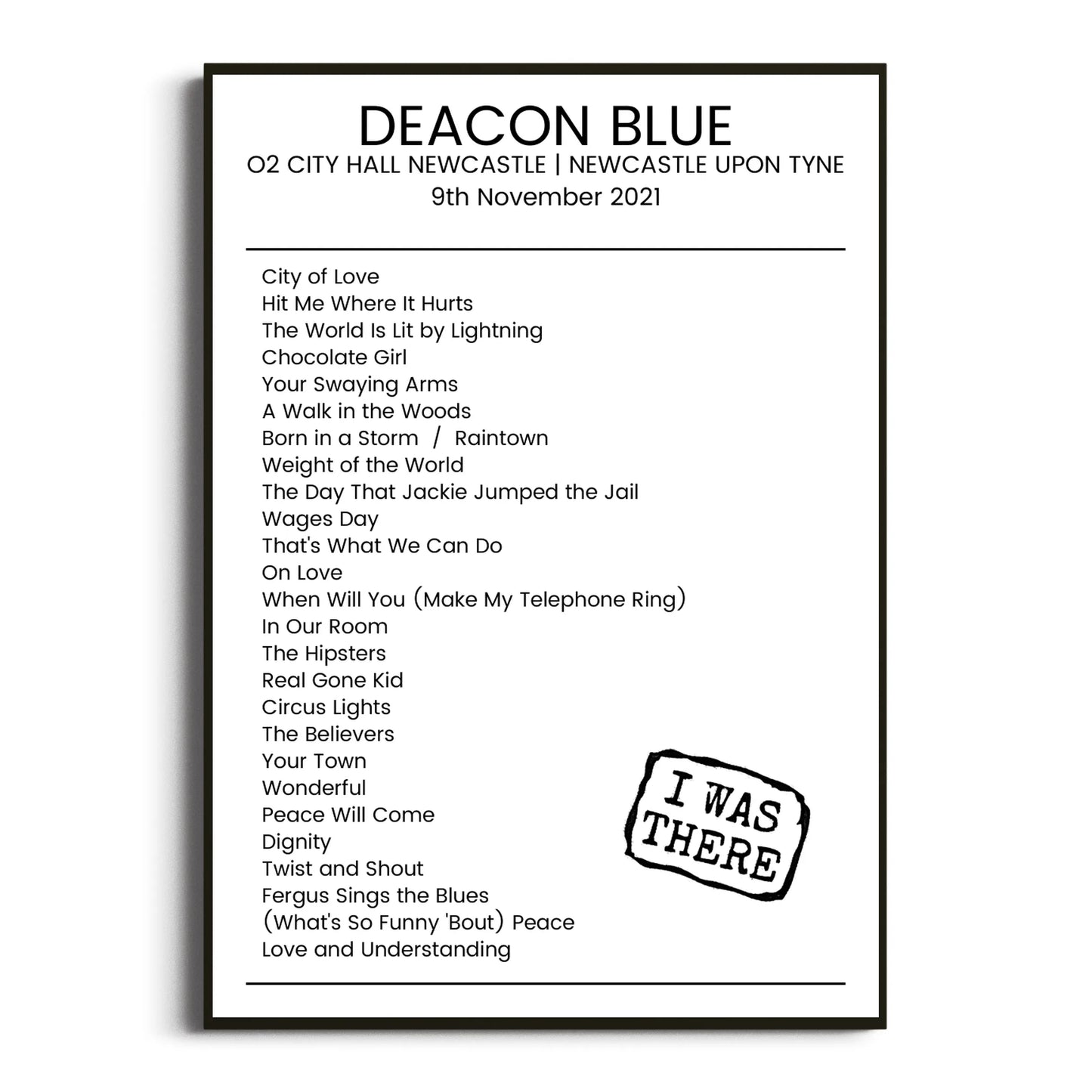 Deacon Blue Newcastle upon Tyne 09 November 2021 Setlist Poster