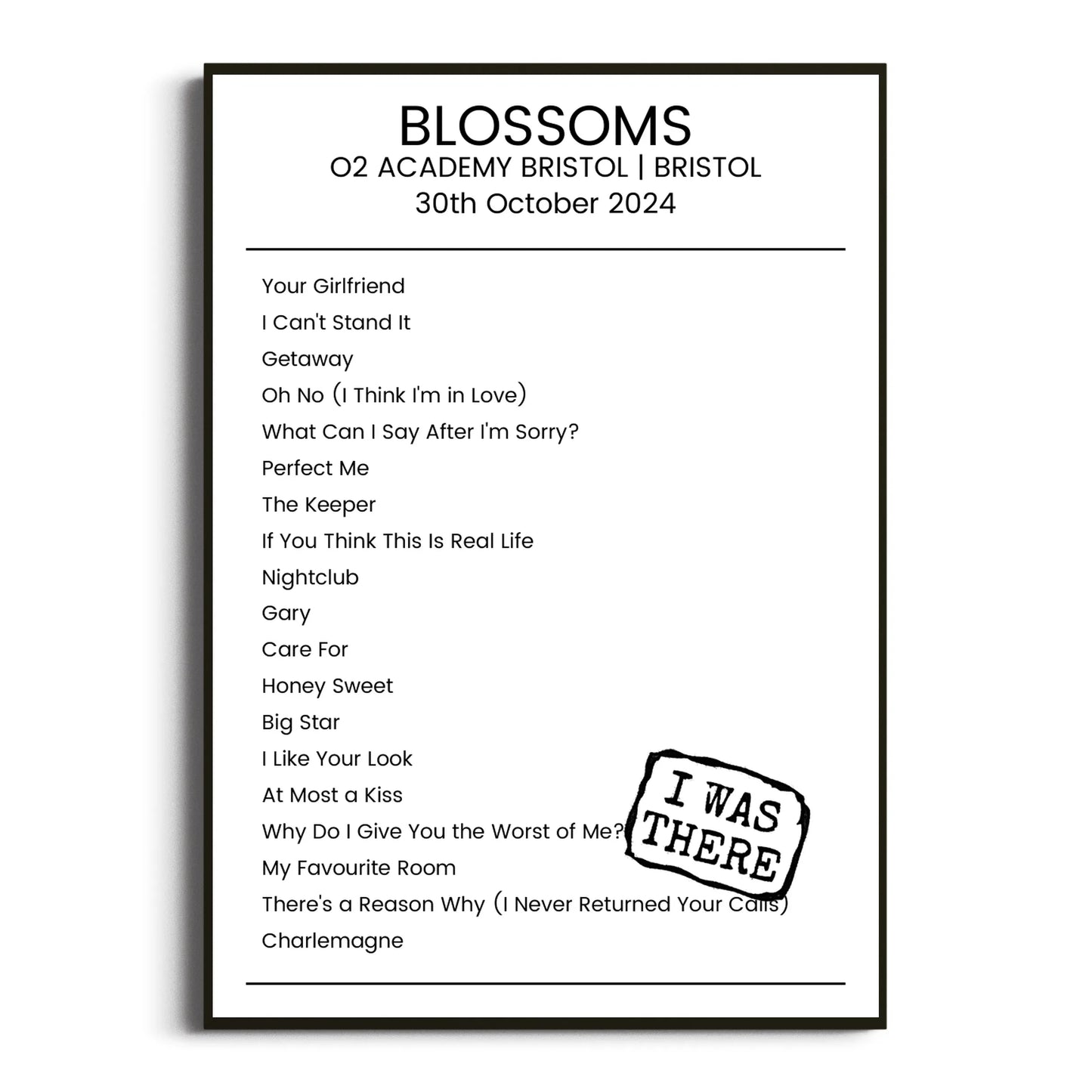 Blossoms Bristol 30 October 2024 Setlist Poster