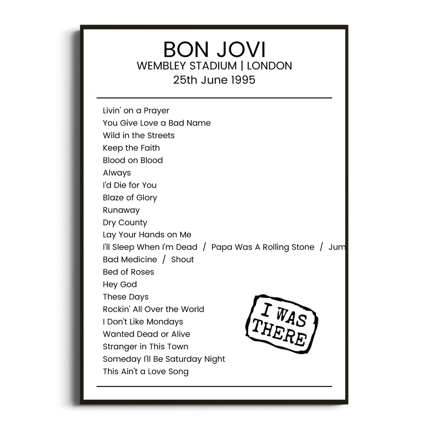 Bon Jovi London 25 June 1995 Setlist Poster